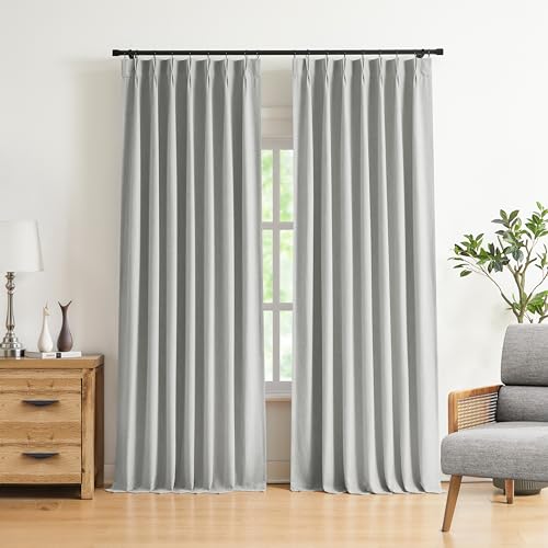 "Vision Home Light Gray Pinch Pleated Full Blackout Curtains Linen Blended Room Darkening Curtain Panels 72 inch for Living Room Bedroom Thermal Insulated Pinch Pleat Drapes with Hooks 40"" Wx72 Lx2"