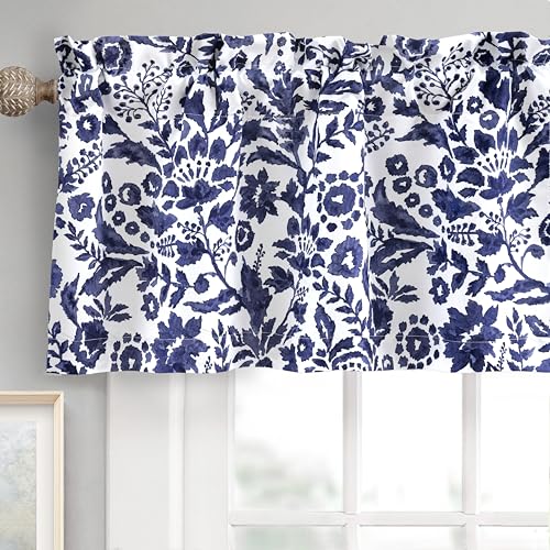 DriftAway Julia Watercolor Blooming Flower Floral Lined Thermal Insulated Window Curtain Valance Rod Pocket 52 Inch by 18 Inch Plus 2 Inch Header (Navy) 1 Pack