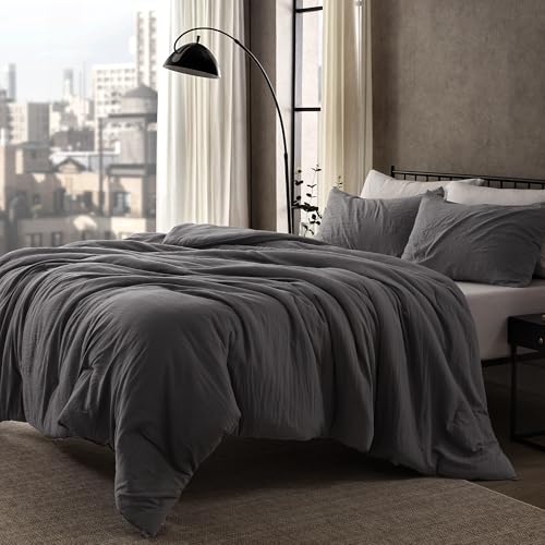 SLEEP ZONE Full Size Comforter Set, Duvet Insert with Natural Wrinkle Texture, Cotton-Linen Feel, Lightweight and Breathable Fluffy Bedding Sets with 1 Comforter and 2 Pillow Shams (Grey)