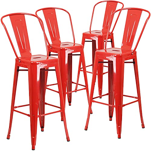 "Flash Furniture Lily Commercial Grade 4 Pack 30"" High Red Metal Indoor-Outdoor Barstool with Removable Back"