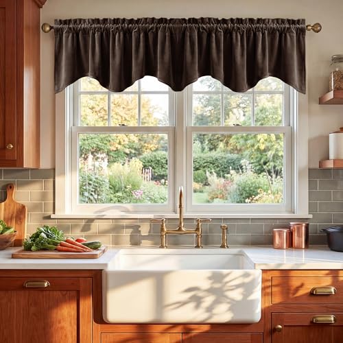 StangH Brown Valance for Windows, Rod Pocket Scalloped Tier Short Curtains for Fall Home Decor, Velvet Window Vanlence for Basement/Cafe/Hallway, W52 x L18 inch, 1 Panel