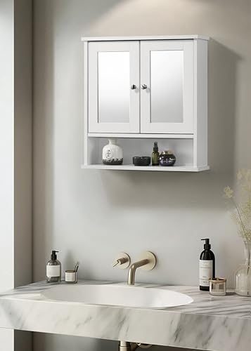 Timber Art Design UK Bathroom Mirror Cabinet with 2 Shelves Wall-Mounted White – Modern Storage for Bathroom Compact & Stylish Mirror Cabinet Space-Saving Organizer