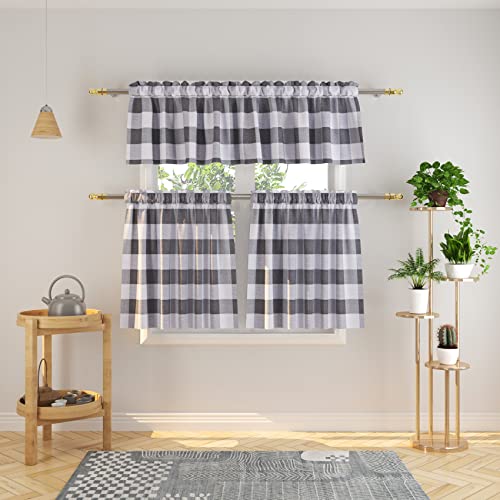 "NATUS WEAVER 3 Pc Cotton Classic Country Farmhouse Kitchen Window Curtain -Grey & White Buffalo Check Tier & Valance Set, 54"" x 18"" / 27"" x 30"""