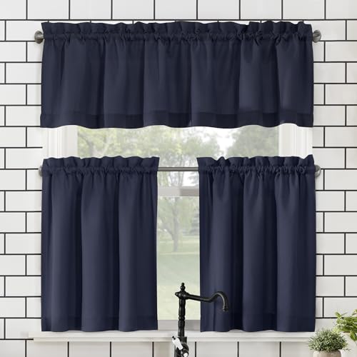 "No. 918 Martine Microfiber Semi-Sheer Rod Pocket Kitchen Curtain Valance and Tiers Set, 54"" x 45"", Navy Blue"