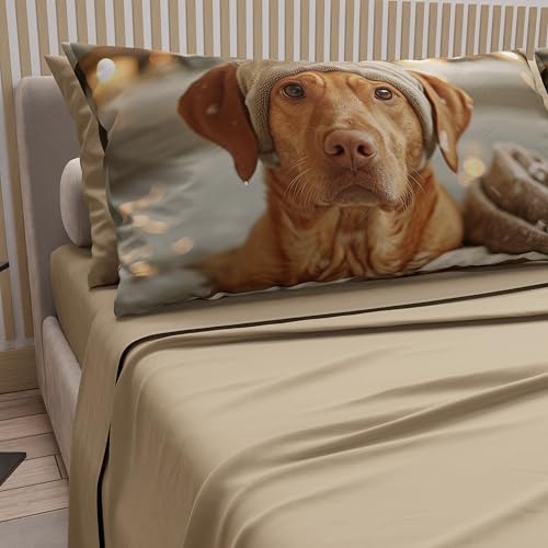 PETTI Artigiani Italiani - Animal Bed Linen with Dogs in Cotton with Pillowcases in Digital Print, Pizza and Half Sheets, Complete Bed Set, Taupe, 100% Made in Italy