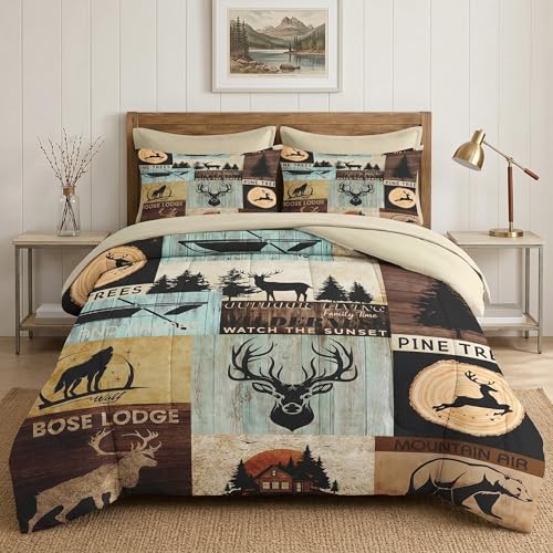 WeCozy 7 Pcs Queen Size Comforter Set with 2 Pillowcases & 2 Shams, Bear Wolf Tree Woodboard Bedding Set for Kids and Adults, Pine Animal Hunting Deer Bed in a Bag with Flat Sheet and Fitted Sheet