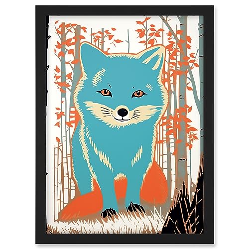 Artery8 Cute Blue Fox Forest Glade Landscape Bright Woodland Baby Animal Kids Bedroom Artwork Framed A3 Wall Art Print