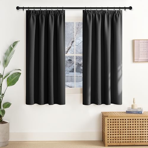 NICETOWN Blackout Curtains, Black Curtain, 160 cm, High Blackout Curtains, Short, Set of 2, 160 x 140 cm (H x W), Bedroom Thermal Curtains, Opaque, Opaque, Thermal Curtain, Ruffle Tape