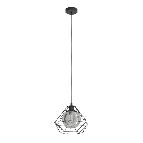 EGLO Vernham Pendant Light, 1 Bulb Vintage, Industrial, Retro, Pendant Light Made of Steel and Smoked Glass, Black, Dining Table Lamp Hanging with E27 Socket, Diameter 32.5 cm