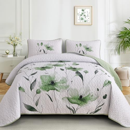 "Mybedsoul Floral Quilt Set King Size, 3 Pieces Sage Green Bedspread Coverlet Set, Lightweight Farmhouse Botanical Bedding Set for Fall Winter All Season(104""x90"")"