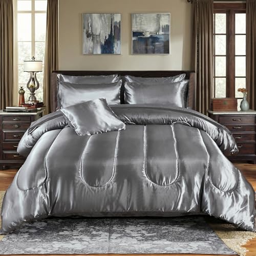 Bedding_Dreamer Satin Comforter Set King Size, 8 Piece Bed in a Bag Silver Gray with Sheets, Silky Soft Polyester Satin Bedding Set, Lightweight, 16 Inch Deep Pocket, Luxury Modern Style