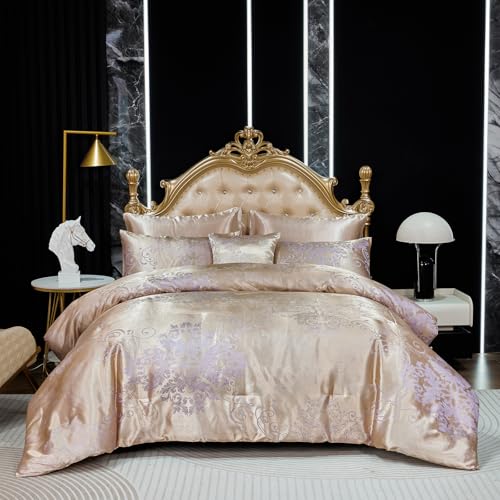 Jacquard Comforter King Gold Bedding with Taupe Satin Sheet Set 8 Pcs Royal Embroidery Neoclassical Floral Home Decor Soft Luxury Hotel Bed in a Bag with 1 Cushion Cover
