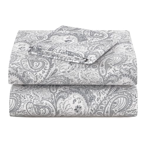 Hannah Linen Paisley Twin Sheet Set, 3 PC Soft Microfiber Wrinkle Free Sheets - Luxurious Printed Bed Sheets Includes Flat Sheet, Fitted Sheet with Deep Pockets, & Pillowcase - White Grey