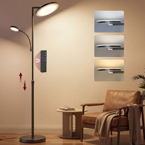 VASAGLE Uplighter Floor Lamp for Living Room, 42W LED Reading Standing Lamp with Rotatable Head for Bedroom, Office, Timer and Memory Function, Button and Remote Control, Matte Black LFL028BD03