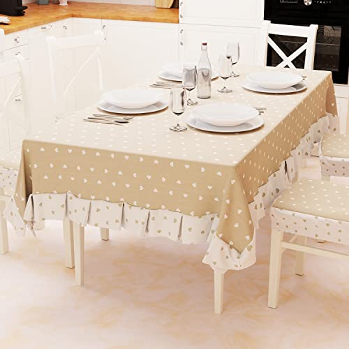 PETTI Artigiani Italiani - Tablecloth, Plastic Table Cover with Ruffles, Table Cover, Waterproof Outdoor Table Cover in Cotton Design Beige Hearts X6 Seats (140 x 180 cm) 100% Made in Italy