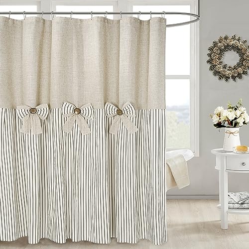 DOSLY Ides Linen Button Farmhouse Beige Shower Curtain, Bowknot, Linen and Cotton Woven Fabric, Pleated Brown Stripe, Country Style, 72x72 in