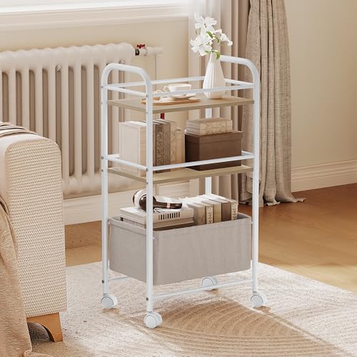 YITAHOME metal storage trolley on wheels, 3 Tier kitchen trolley, storage cart with Woven Basket, Lockable Wheels, Handle, book cart for office, Kitchen Bathroom Living Room Studio Small Spaces, White