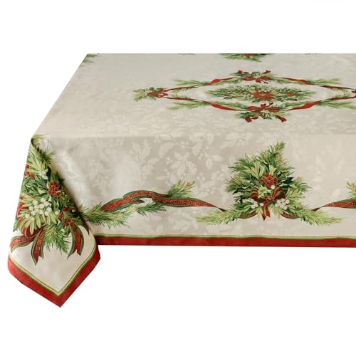 "Benson Mills Christmas Ribbons Engineered Printed Fabric Table Cloth, Winter, Holiday and Christmas Tablecloth (60"" X 84"" Rectangular, Xmas Ribbons)"