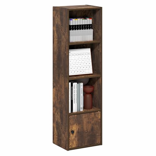 Furinno LUDER 4-Tier Bookshelf with Open Shelf, Standing Bookcase with 1 Door Cabinet, 23.6 x 30.5 x 106.2 cm, for Organization and Storage, for Living Room, Bedroom, Home Office, Amber Pine