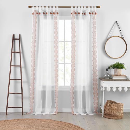"Elrene Home Fashions Shilo Boho Sheer Tab Top Window Curtain Panel with Tassels, 52""x95"" (1, Terracotta"