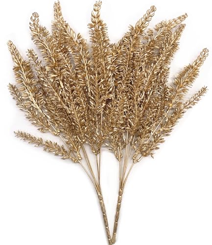 PASYOU Christmas Artificial Plants Decoration, Plastic Grass Faux Shrubs Simulation Wheat Ears Leaves Indoor Outdoor Home Garden Planter Filler Party Hotel Verandah Wedding DIY Decor - Gold 2 Pack