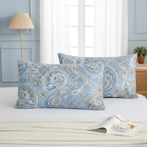 "Cozaline Standard Size Pillowcases Set of 2, 100% Cotton Pillow Cases, Blue Paisley Print, Soft Breathable Envelope Closure Pillow Covers(Standard, 20""x26"")"