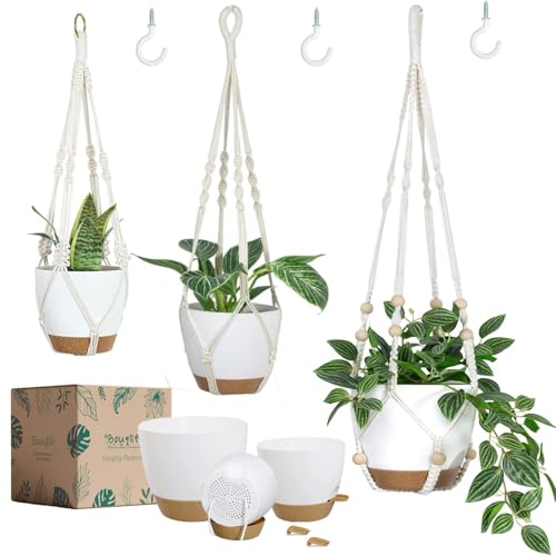 Bouqlife Macrame Plant Hangers with Self Watering Pots 3 Pack Hanging Planters for Indoor Plants