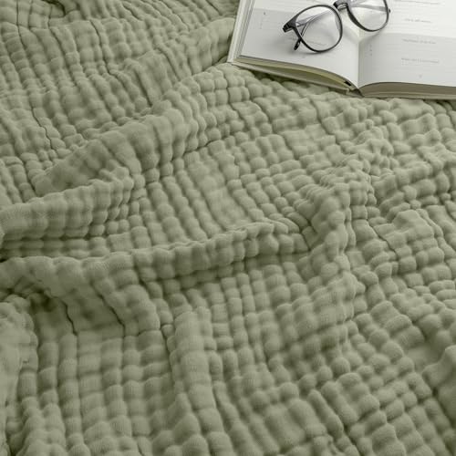 Comfy Cubs Adult Muslin Blanket Queen, 229 x 229 cm - Soft, Six-Layered, Lightweight, Breathable Cotton Blanket for All Seasons - Machine Washable, Stylish Home Decor - Sage