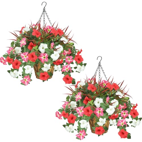 unlemoni 2 Pack Artificial Flowers Hanging Baskets for Outdoors, 10 PCS UV Resistant Faux Outdoor Plants, Fake Petunias Silk Flowers for Garden Balcony Yard Porch Decor (White Red Pink)