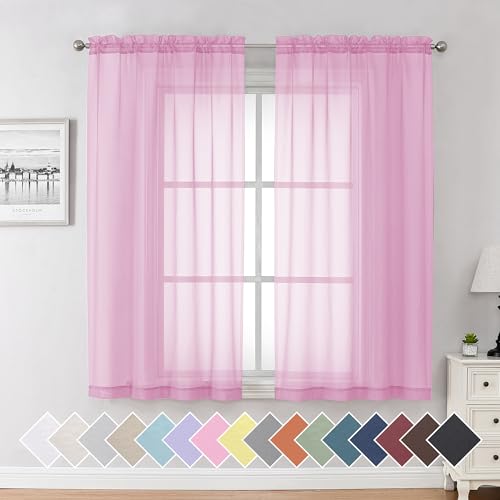 "Aiyufeng Pink Sheer Curtains 54 inch Length Living Room Short Voile Drapes Solid Sheers Cafe Curtains Voile Bathroom Small Window Sheers 2 Panels Set, Rod Pocket, 40"" Wx54 L"