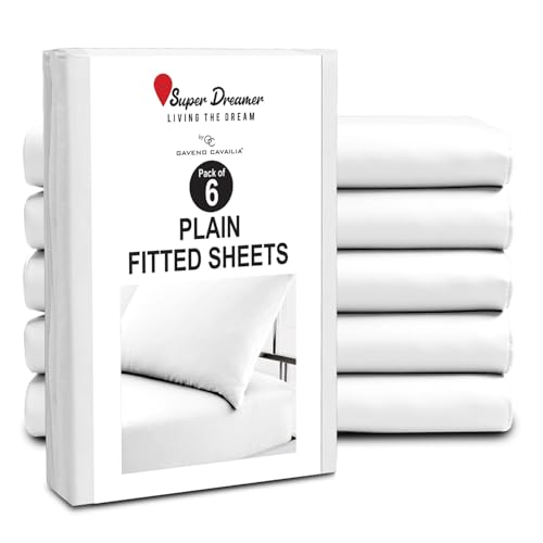 GC GAVENO CAVAILIA Fitted Sheet King Size 6 Pack - Plain Dyed Microfiber Bedding Sheets - Fade, Wrinkle & Shrink Resistant Bottom Sheets - 25cm Deep Breathable Bed Sheet Elasticated Corners - White