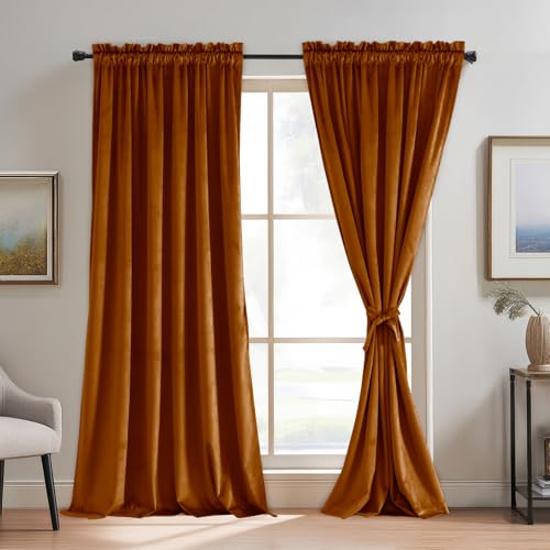 JIUZHEN Terracotta Red Velvet Curtains 96 inches for Bedroom - Soft Home Deco Blackout Velvet Drapes Rod Pocket Room Darkening Thermal Insulated Window Curtains, 2 Panels with Tiebacks, 52W x 96L