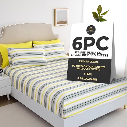 Spirit Linen home Queen Size Bed Sheets Set - 6PC Striped Ultra Soft Microfiber - Easy to Clean, Includes Fitted Sheet, Flat Sheet & 2 Pillowcases (Grey/Yellow)