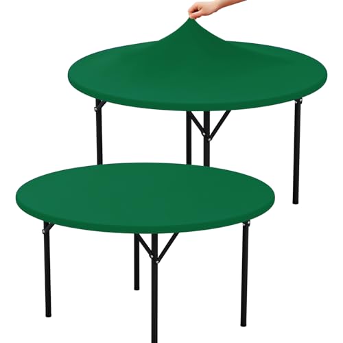 "misaya 2 Packs Round Spandex Tablecloths, Stretch Elastic Tablecloth Cover Fitted for 45""-56"" Round Tables, Waterproof Polyester Washable Table Cloth for Dining, Outdoor and Indoor, Emerald Green"