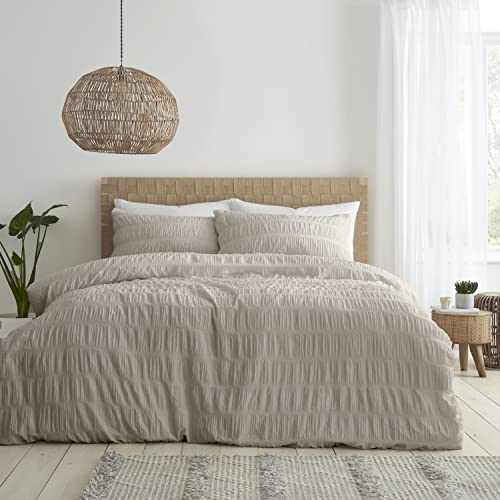 Catherine Lansfield Bedding Seersucker King Duvet Cover Set with Pillowcases Natural
