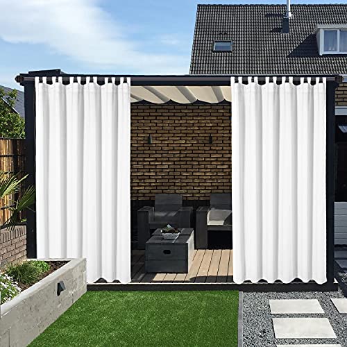 LORDTEX Waterproof Indoor/Outdoor Curtains for Patio - Thermal Insulated, Sun Blocking Detachable Sticky Tab Top Blackout Curtains for Bedroom, Pergola, Cabana, 100 x 95 inch, 2 Panels, White