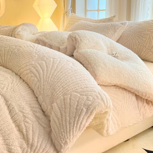 "tohrisa Seashell Jacquard Sherpa Comforter Set Warm Cozy Premium Bedding 3 Pieces, Full/Queen Size Geometric Pattern Quilt Comforter with 2 Pillowcases(90""X90"" Ivory White)"