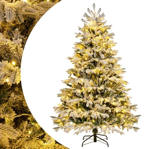 SPOTRAVEL 6 FT Pre-lit Christmas Tree, Snow-flocked Lighted Xmas Tree - with 350 Warm White LED Lights and 1022 Branch Tips, Seasonal Holiday Tree Decoration for Home Office Party