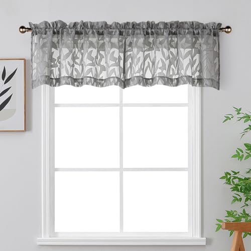 OWENIE Leyna 14 Inch Charcoal Gray Valance for Windows 2 PCS Sheer Curtains, Jacquard Leaves Textured Small Kitchen Valances Curtain for Living Room Bedroom, Modern Rod Pocket Drapes, 40Wx14L Inch
