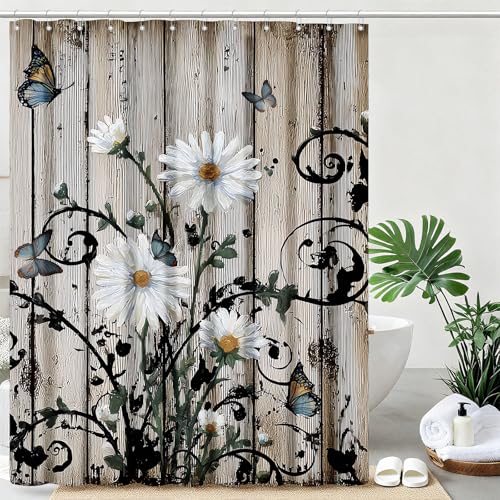 mutakin Rustic Grey Floral Shower Curtain Butterfly Flowers Shower Curtains for Bathroom Waterproof Fabric Bath Curtain Decor with Hooks