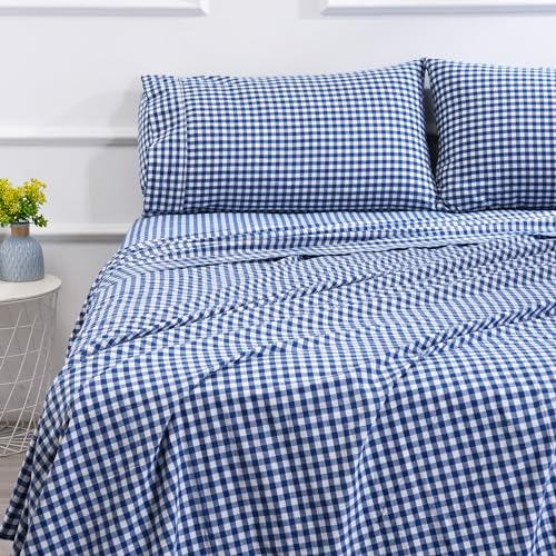 "100% Cotton Twin Checkered Sheet Set - 3 Piece Cotton Sheets Twin Size Bed Set, Soft, Smooth, Durable, Easy Care, 16"" Deep Pocket Checkered Blue Sheets - 1 Flat, 1 Fitted, 2 Pillowcases"