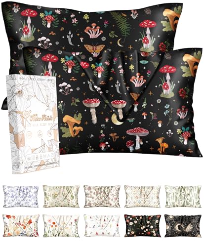 Miss Adola 2 Pack Mulberry Silk Pillowcase - Standard Size 20x26 Inch Pillow Case with Hidden Zipper for Women Lady Smooth Soft Breathable Cute Design Pillowcase for Hair and Skin, Black Mushroom