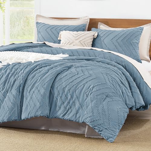 Litanika Super King Plus Comforter Set, 3 Pcs Boho Tufted Bedding Set - Oversized Alaskan King Grayish BlueNeutral Lightweight Fluffy Chevron Textured Bohemian Bedding Set Gift Choice
