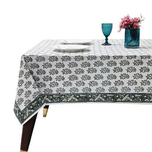"Ridhi Evergreen Grace Hand Block Print Cotton Rectangle Tablecloth 108"" x 60"" inches Reusable Table Cover Decorative Everyday Use for Dining Room, Farmhouse, Home Gift for Spring, Mother's Day"