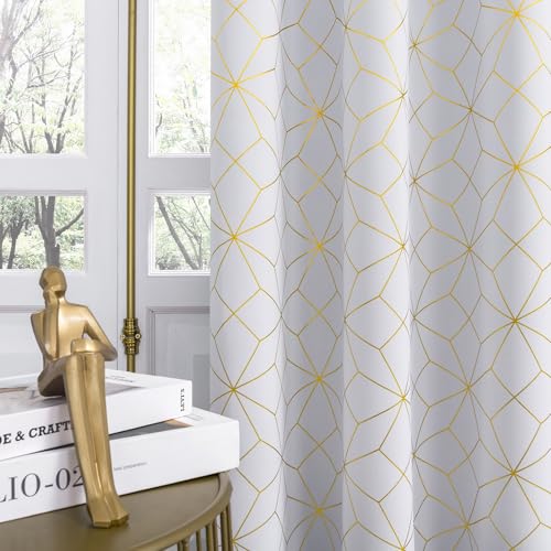 Beauoop White Gold 100% Blackout Curtains for Bedroom 50x84 2 Panels - Geometric Foil Patterned Room Darkening Drapes for Living Room 84 Inch Long Moroccan Thermal Insulated Soundproof Grommet
