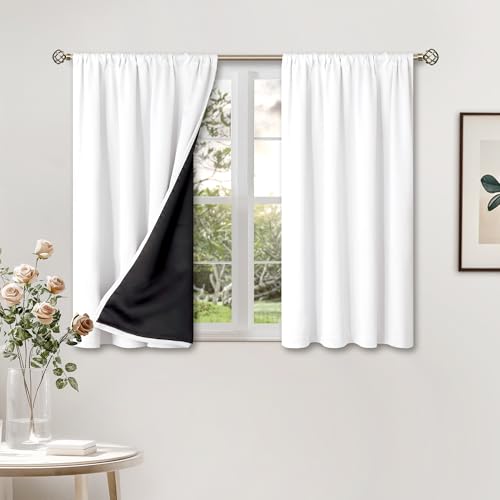 BGment Short Blackout Curtains for Kitchen 40 Inch Long, Thermal Insulated Full Room Darkening Bedroom Curtains Noise Cancelling Privacy Rod Pocket Small Window Curtains, 2 Panels, 42 Wide, Pure White