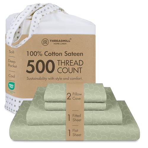 "Threadmill 500 Thread Count King Size 4 Piece Cotton Bedsheet Set, Jacquard Floria Sage Green, Silky Soft Sheets with 16"" Elasticized Deep Pocket, 2 Pillowcases & Free Tote Bag"
