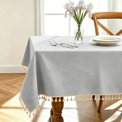 "Alsoo Table Cloth Rectangle Table Heavy Duty Cotton Linen Texture Tablecloth Farmhouse Spill Proof Wrinkle Free Tables Cover with Tassel for Kitchen Dining Holiday Party, Light Grey, 55"" x 106"""