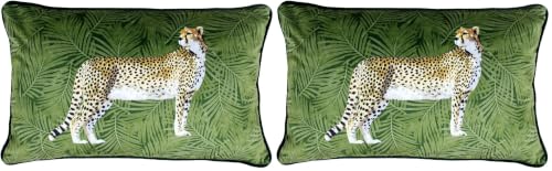 "Paoletti Riva Cheetah Forest Cushion Cover - Green - Palm Leaf Design - Velvet Feel Fabric - Piped Edges - Machine Washable - 100% Polyester - 30 x 50cm (12"" x 20"" inches) - Designed in the UK"