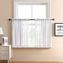XTMYI White Kitchen Curtains 24 Inch Length Set of 2 Panels Cafe Curtain Tiers Linen Textured Semi Sheer Boho Farmhouse Short Curtains for Small Bathroom Basement Window RV Camper